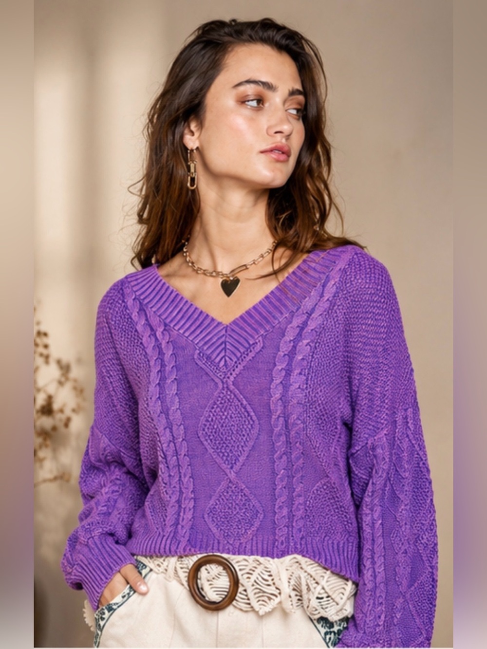 POL Purple Acid Wash Hooded Cable Knit Sweater Small Boho Oversized V-Neck